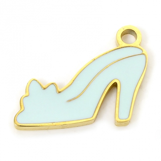 Immagine di 1 Piece Eco-friendly Vacuum Plating 304 Stainless Steel Stylish Charms Gold Plated Light Blue High-heeled Shoes Enamel 13.5mm x 10.5mm