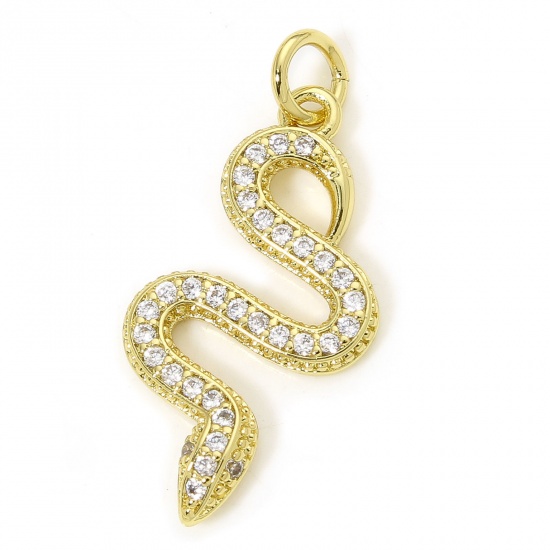 Immagine di 1 Piece Eco-friendly Brass Charms 18K Real Gold Plated Snake Animal Micro Pave Clear Cubic Zirconia 26mm x 12mm