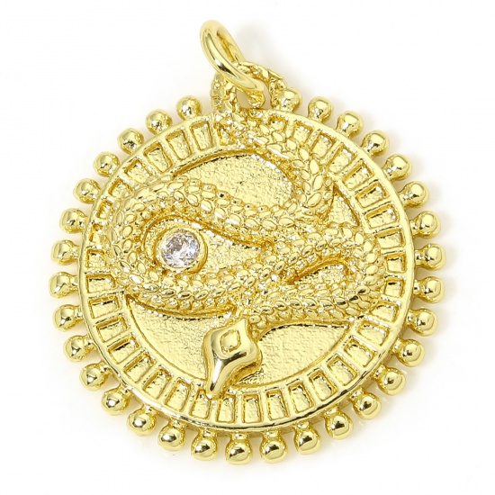 Immagine di 1 Piece Eco-friendly Brass Charms 18K Real Gold Plated Snake Animal Round Clear Cubic Zirconia 23mm x 20mm