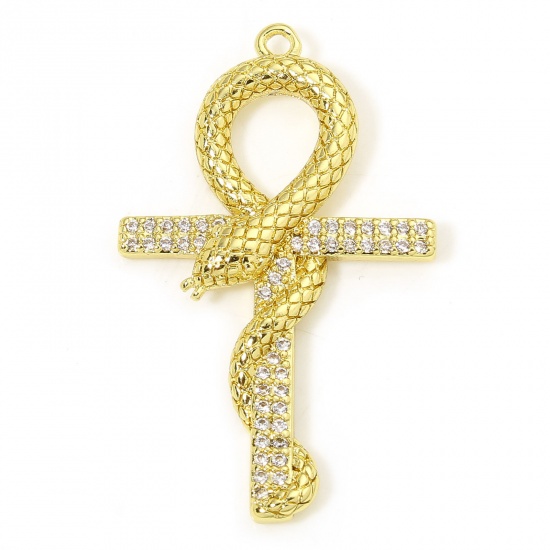 Изображение 1 Piece Eco-friendly Brass Religious Pendants 18K Real Gold Plated Ankh Egyptian Cross Snake Micro Pave Clear Cubic Zirconia 3.4cm x 2.1cm