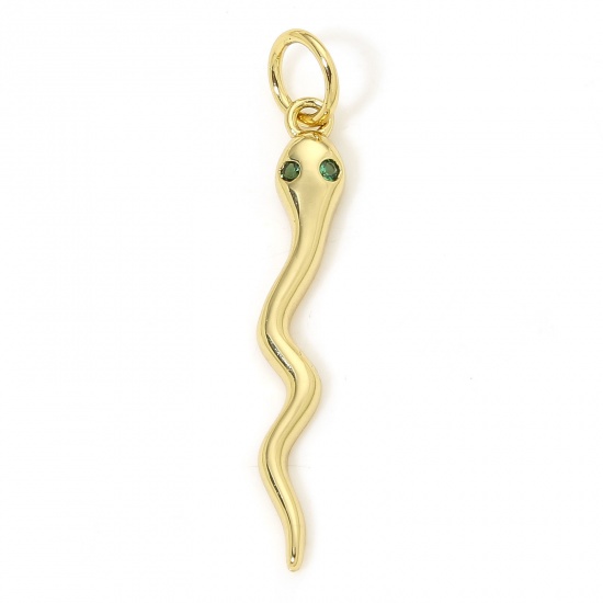 Изображение 1 Piece Eco-friendly Brass Charms 18K Real Gold Plated Snake Animal Green Cubic Zirconia 27.5mm x 4mm