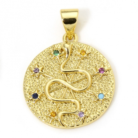 Immagine di 1 Piece Eco-friendly Brass Charm Pendant 18K Real Gold Plated Snake Animal Round Multicolour Cubic Zirconia 25mm x 18mm