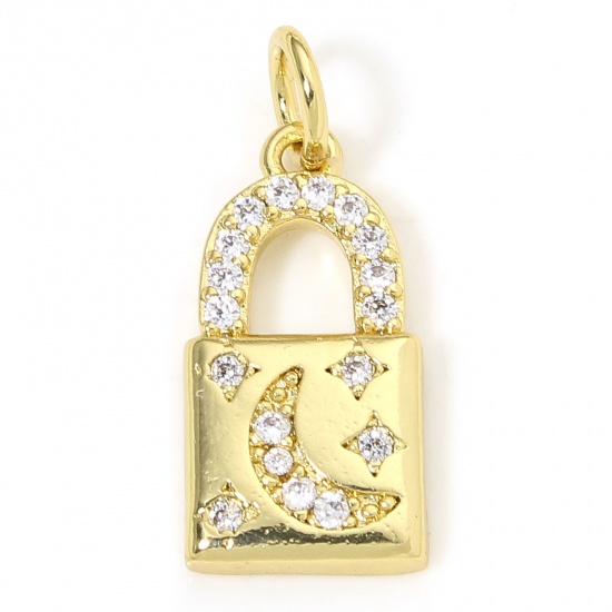 Immagine di 1 Piece Eco-friendly Brass Charms 18K Real Gold Plated Lock Moon Micro Pave Clear Cubic Zirconia 19mm x 8mm