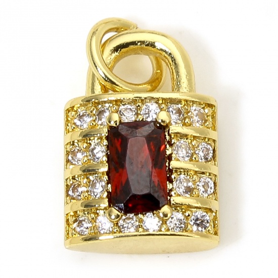 Immagine di 1 Piece Eco-friendly Brass Charms 18K Real Gold Plated Lock Micro Pave Clear Cubic Zirconia Red Rhinestone 15mm x 8mm