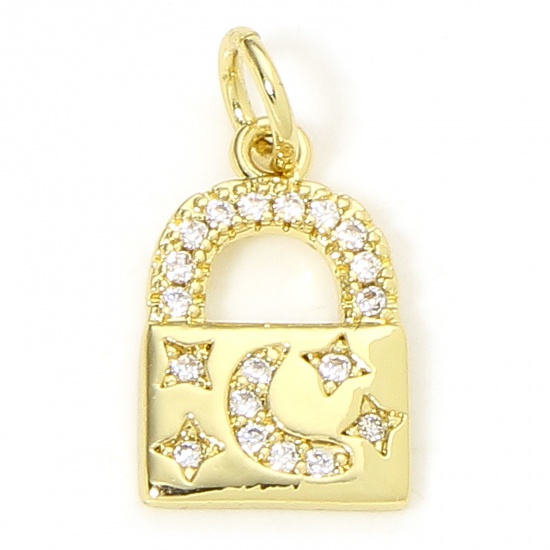 Immagine di 1 Piece Eco-friendly Brass Charms 18K Real Gold Plated Lock Moon Micro Pave Clear Cubic Zirconia 18mm x 9mm