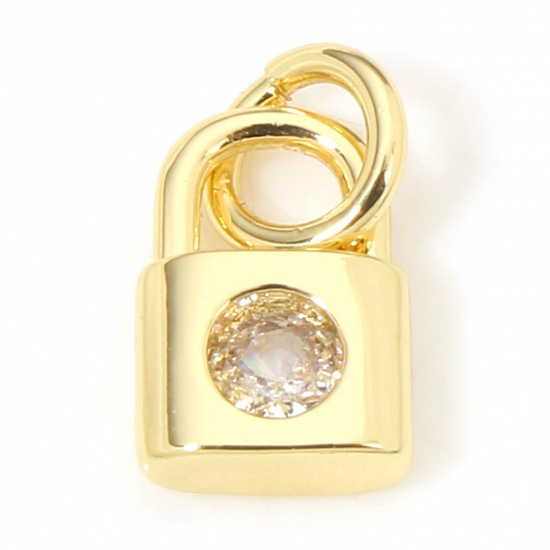Immagine di 1 Piece Eco-friendly Brass Charms 18K Real Gold Plated Lock Clear Cubic Zirconia 11.5mm x 6mm