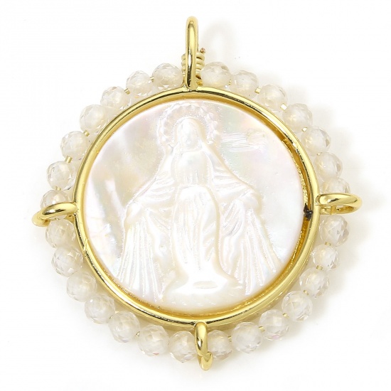 Immagine di 1 Piece Eco-friendly Shell & Brass Religious Charms 18K Real Gold Plated Transparent Clear Round Virgin Mary 25mm x 22.5mm
