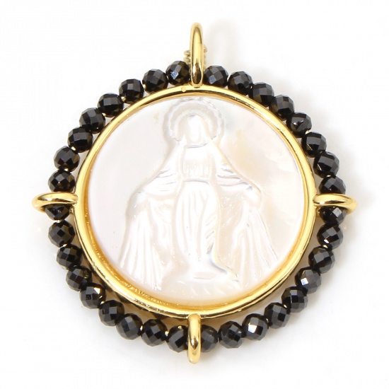 Immagine di 1 Piece Eco-friendly Shell & Brass Religious Charms 18K Real Gold Plated Black Round Virgin Mary 25mm x 22.5mm