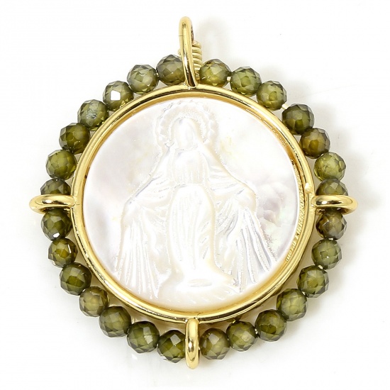 Immagine di 1 Piece Eco-friendly Shell & Brass Religious Charms 18K Real Gold Plated Green Round Virgin Mary 25mm x 22.5mm