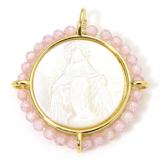 Immagine di 1 Piece Eco-friendly Shell & Brass Religious Charms 18K Real Gold Plated Pink Round Virgin Mary 25mm x 22.5mm