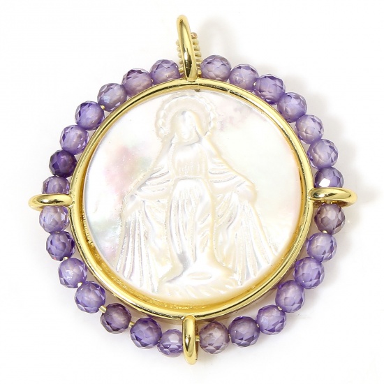 Immagine di 1 Piece Eco-friendly Shell & Brass Religious Charms 18K Real Gold Plated Purple Round Virgin Mary 25mm x 22.5mm