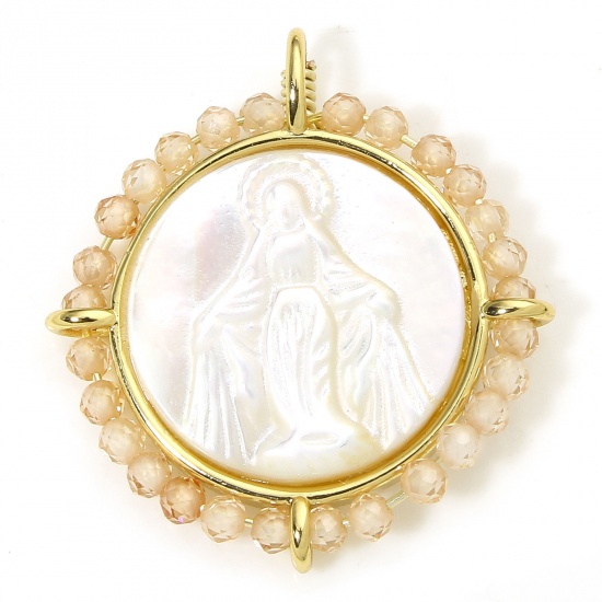Immagine di 1 Piece Eco-friendly Shell & Brass Religious Charms 18K Real Gold Plated Champagne Round Virgin Mary 25mm x 22.5mm