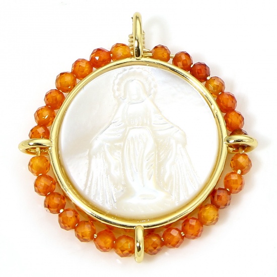 Immagine di 1 Piece Eco-friendly Shell & Brass Religious Charms 18K Real Gold Plated Orange Round Virgin Mary 25mm x 22.5mm