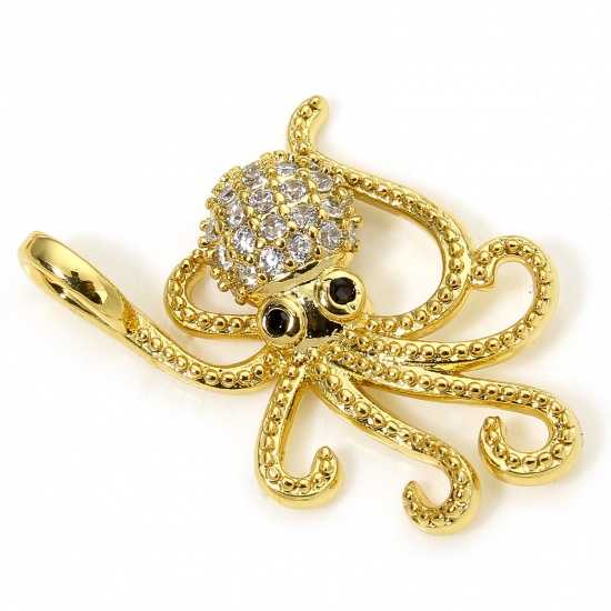 Picture of 1 Piece Eco-friendly Brass Ocean Jewelry Charms 18K Real Gold Plated Octopus Micro Pave Clear & Black Cubic Zirconia 25mm x 18mm