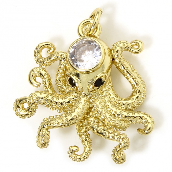 Picture of 1 Piece Eco-friendly Brass Ocean Jewelry Charms 18K Real Gold Plated Octopus Clear & Black Cubic Zirconia 23mm x 21mm