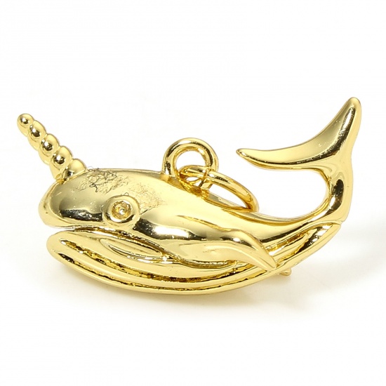Picture of 1 Piece Eco-friendly Brass Ocean Jewelry Charms 18K Real Gold Plated Whale Animal 3D 19mm x 10mm