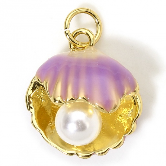 Immagine di 1 Piece Eco-friendly Brass Ocean Jewelry Charms 18K Real Gold Plated Purple Shell Enamel Acrylic Imitation Pearl 18.5mm x 14.5mm