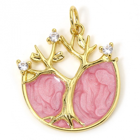 Immagine di 1 Piece Eco-friendly Brass Ocean Jewelry Charms 18K Real Gold Plated Pink Coral Enamel Clear Cubic Zirconia 22.5mm x 17.5mm