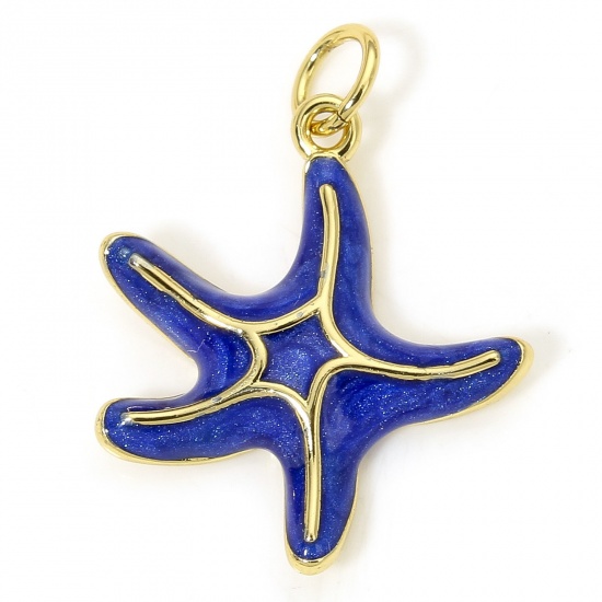 Picture of 1 Piece Eco-friendly Brass Ocean Jewelry Charms 18K Real Gold Plated Dark Blue Star Fish Enamel 23mm x 17mm