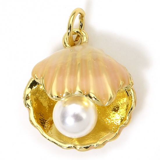 Picture of 1 Piece Eco-friendly Brass Ocean Jewelry Charms 18K Real Gold Plated Pink Shell Enamel Acrylic Imitation Pearl 18.5mm x 14.5mm