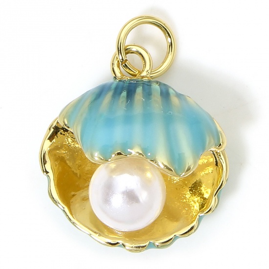 Immagine di 1 Piece Eco-friendly Brass Ocean Jewelry Charms 18K Real Gold Plated Blue Shell Enamel Acrylic Imitation Pearl 18.5mm x 14.5mm