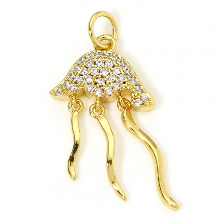 Picture of 1 Piece Eco-friendly Brass Ocean Jewelry Charms 18K Real Gold Plated Jellyfish Micro Pave Clear Cubic Zirconia 26mm x 13.5mm