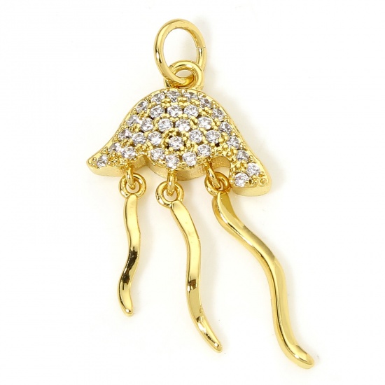 Picture of 1 Piece Eco-friendly Brass Ocean Jewelry Charms 18K Real Gold Plated Jellyfish Micro Pave Clear Cubic Zirconia 26mm x 13.5mm