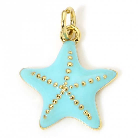 Picture of 1 Piece Eco-friendly Brass Ocean Jewelry Charms 18K Real Gold Plated Blue Star Fish Enamel 19mm x 14mm