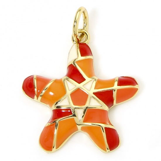 Immagine di 1 Piece Eco-friendly Brass Ocean Jewelry Charms 18K Real Gold Plated Orange Star Fish Enamel 21mm x 16mm