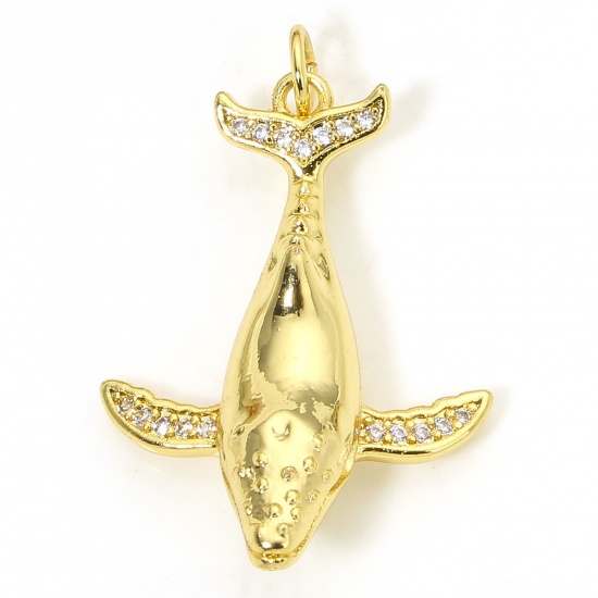 Immagine di 1 Piece Eco-friendly Brass Ocean Jewelry Charms 18K Real Gold Plated Whale Animal 3D Clear Cubic Zirconia 3.1cm x 2cm