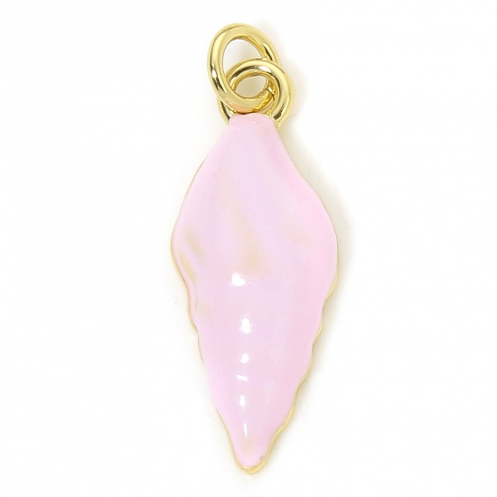 Picture of 1 Piece Eco-friendly Brass Ocean Jewelry Charms 18K Real Gold Plated Pink Conch/ Sea Snail Enamel 21mm x 7mm