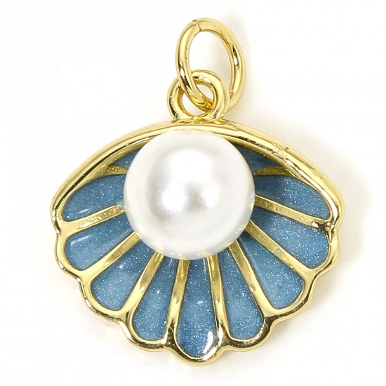 Immagine di 1 Piece Eco-friendly Brass Ocean Jewelry Charms 18K Real Gold Plated Blue Shell Enamel Acrylic Imitation Pearl 19mm x 15.5mm