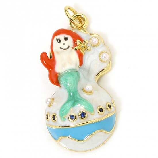 Picture of 1 Piece Eco-friendly Brass Ocean Jewelry Charms 18K Real Gold Plated Multicolor Mermaid Shell Enamel Acrylic Imitation Pearl 3cm x 1.4cm