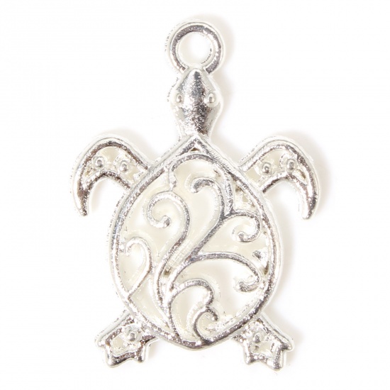 Picture of 50 PCs Zinc Based Alloy Ocean Jewelry Charms Silver Plated Sea Turtle Animal Filigree 21mm x 15mm