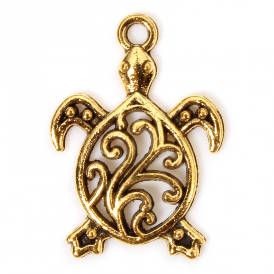 Immagine di 50 PCs Zinc Based Alloy Ocean Jewelry Charms Gold Tone Antique Gold Sea Turtle Animal Filigree 21mm x 15mm