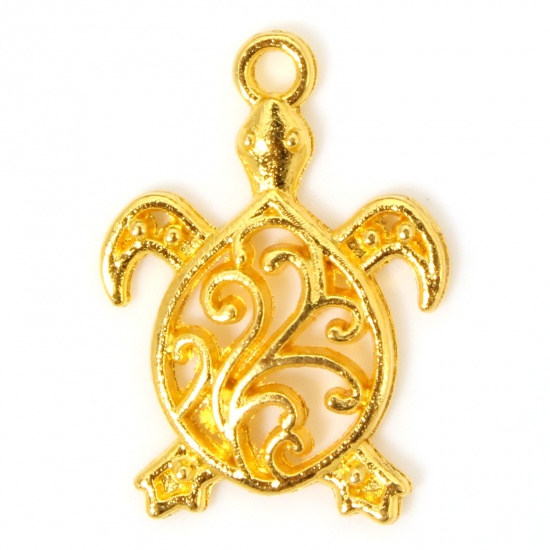 Picture of 50 PCs Zinc Based Alloy Ocean Jewelry Charms Gold Plated Sea Turtle Animal Filigree 21mm x 15mm