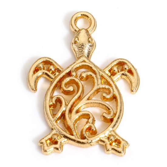 Bild von 50 PCs Zinc Based Alloy Ocean Jewelry Charms KC Gold Plated Sea Turtle Animal Filigree 21mm x 15mm