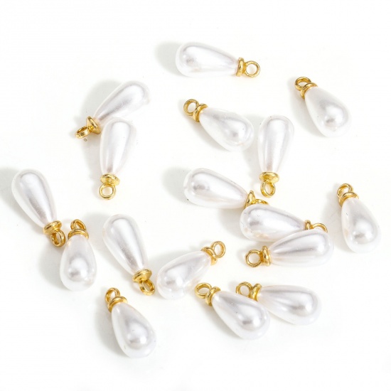 20 PCs ABS Charms Drop Gold Plated White Acrylic Imitation Pearl 13.5mm x 6mm の画像