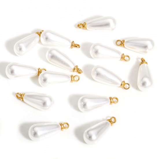 20 PCs ABS Charms Drop Gold Plated White Acrylic Imitation Pearl 17mm x 7mm の画像