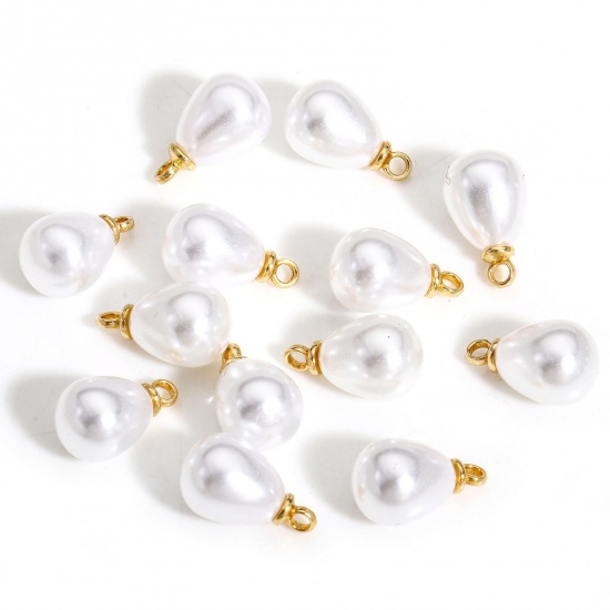 20 PCs ABS Charms Drop Gold Plated White Acrylic Imitation Pearl 13mm x 8mm の画像