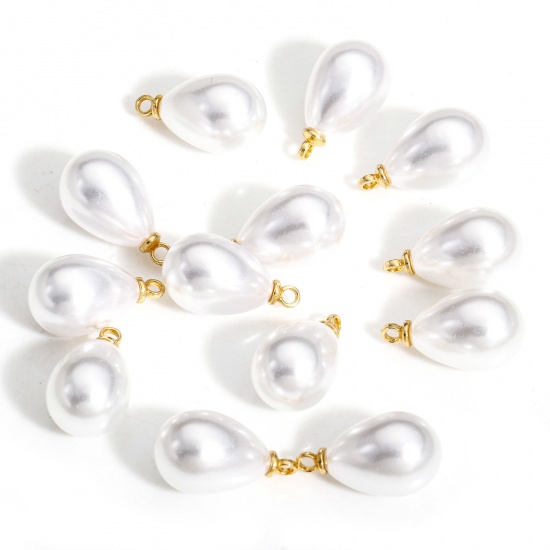 20 PCs ABS Charms Drop Gold Plated White Acrylic Imitation Pearl 17mm x 10mm の画像