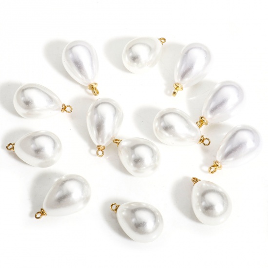 Picture of 20 PCs ABS Charms Drop Gold Plated White High Luster Imitation Pearl 21mm x 13mm