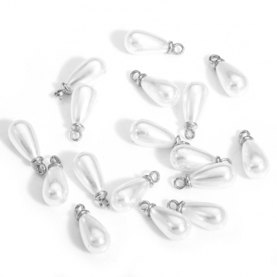 20 PCs ABS Charms Drop Silver Tone White Acrylic Imitation Pearl 13.5mm x 6mm の画像