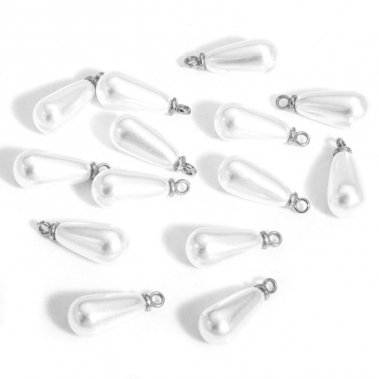 20 PCs ABS Charms Drop Silver Tone White Acrylic Imitation Pearl 17mm x 7mm の画像
