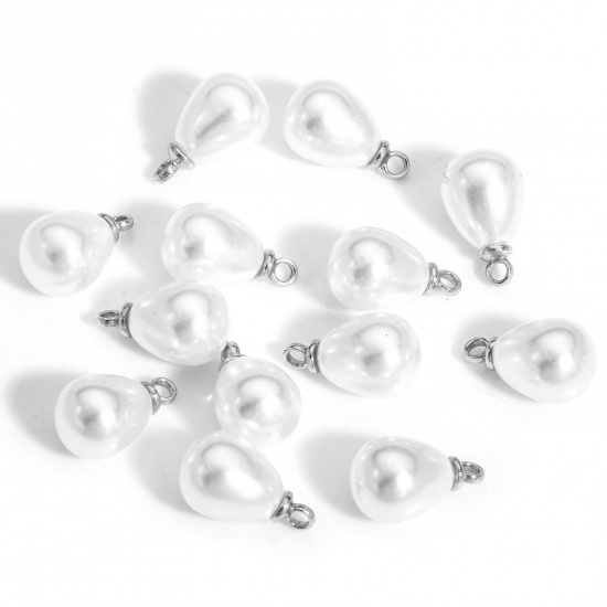 20 PCs ABS Charms Drop Silver Tone White Acrylic Imitation Pearl 13mm x 8mm の画像
