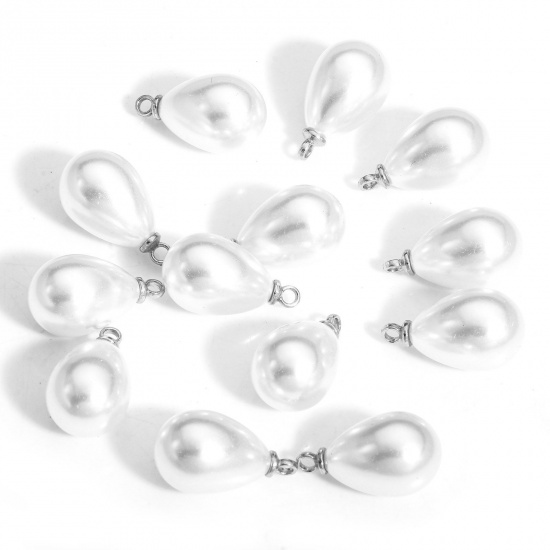 Picture of 20 PCs ABS Charms Drop Silver Tone White High Luster Imitation Pearl 17mm x 10mm