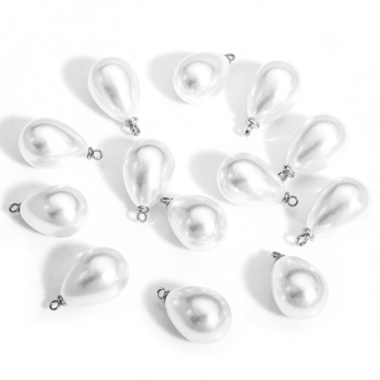 20 PCs ABS Charms Drop Silver Tone White Acrylic Imitation Pearl 21mm x 13mm の画像
