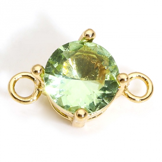 Picture of 5 PCs Brass & Glass Connectors Charms Pendants Gold Plated Light Green Round 12mm x 8mm