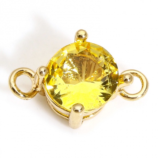 Picture of 5 PCs Brass & Glass Connectors Charms Pendants Gold Plated Yellow Round 12mm x 8mm