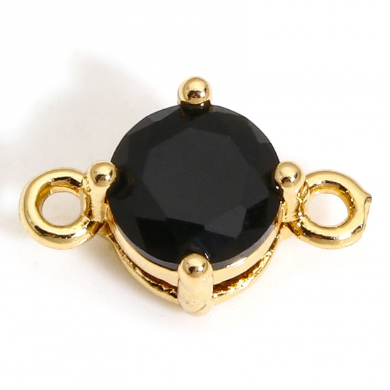 Picture of 5 PCs Brass & Glass Connectors Charms Pendants Gold Plated Black Round 12mm x 8mm